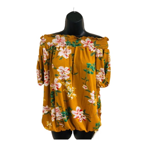 mustard gold floral smock neck off the shoulder blouson fit blouse top size L - Picture 1 of 11